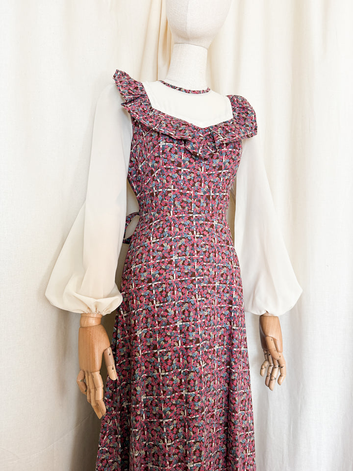 Adorable 70s Cotton Berry Hued Floral Maxi Dress