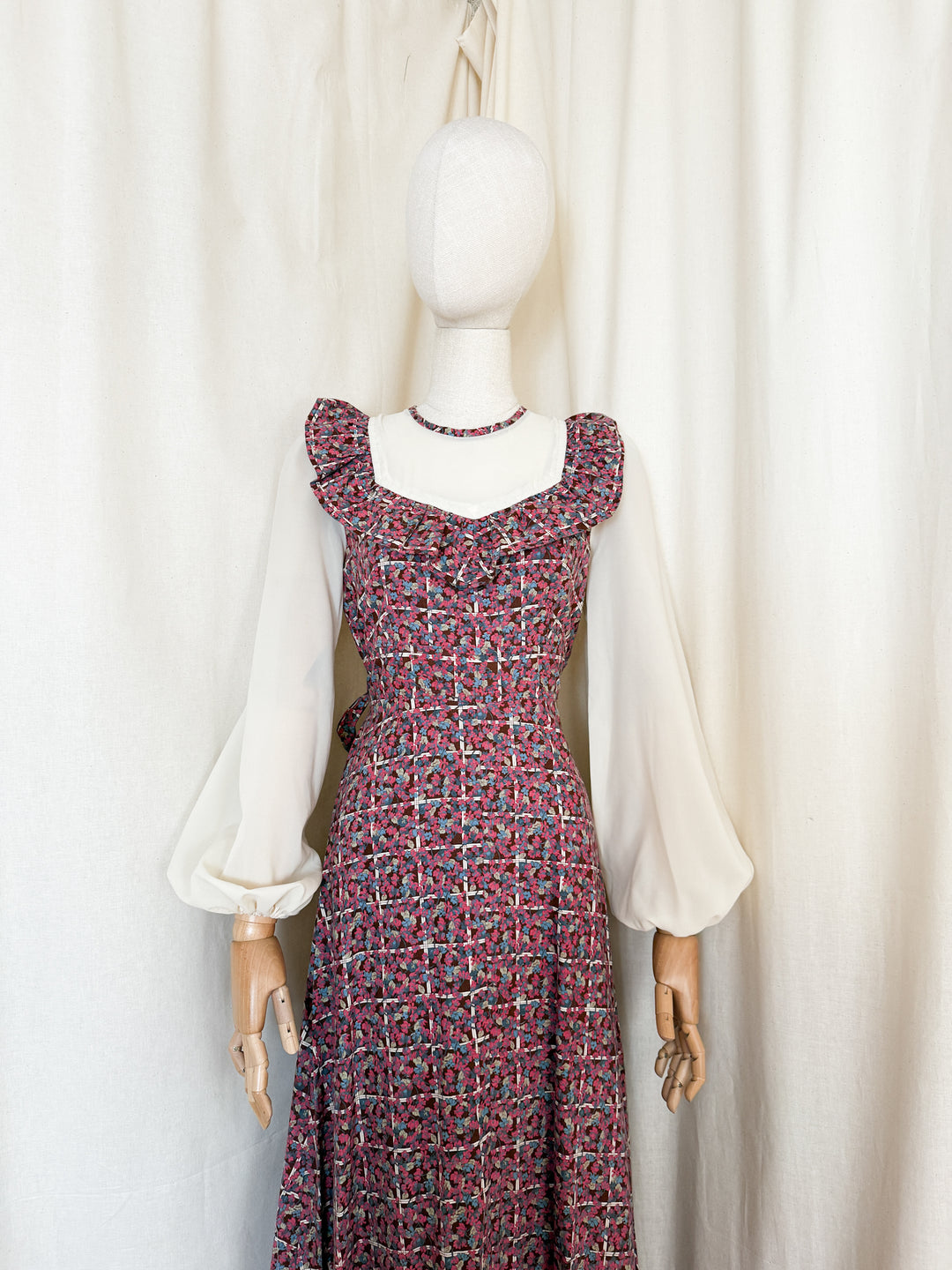 Adorable 70s Cotton Berry Hued Floral Maxi Dress