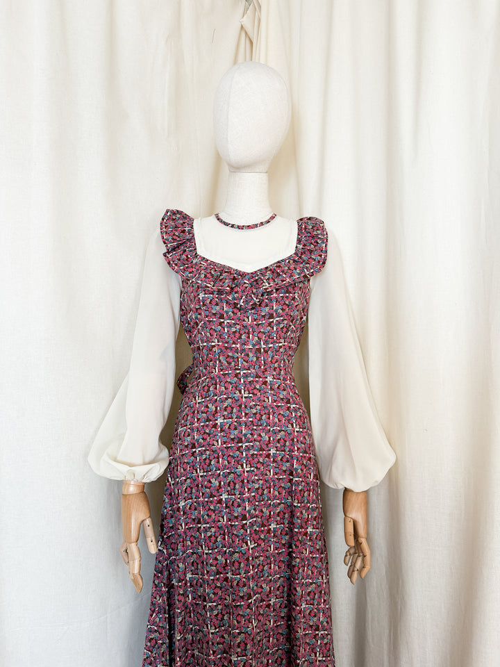 Adorable 70s Cotton Berry Hued Floral Maxi Dress