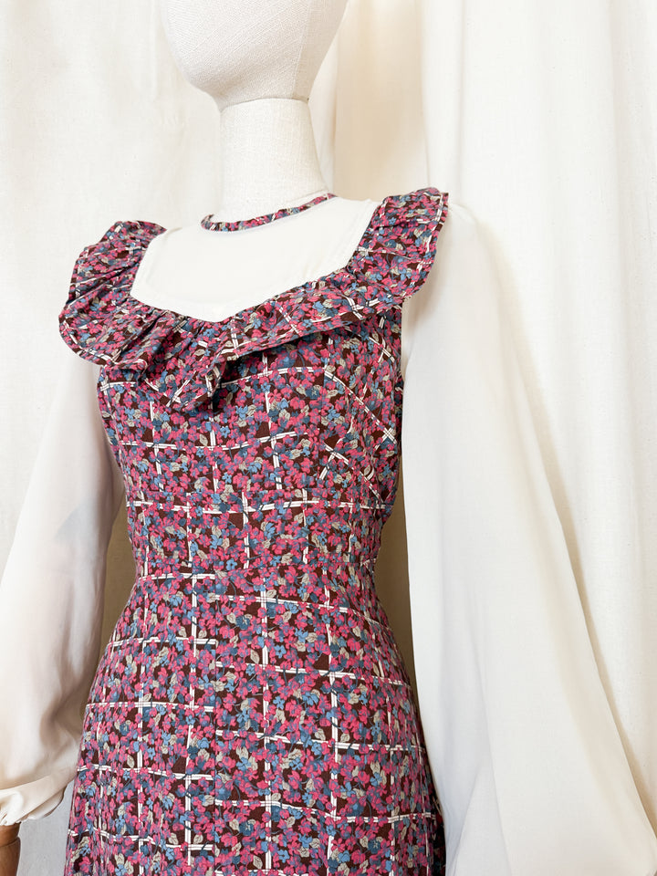 Adorable 70s Cotton Berry Hued Floral Maxi Dress