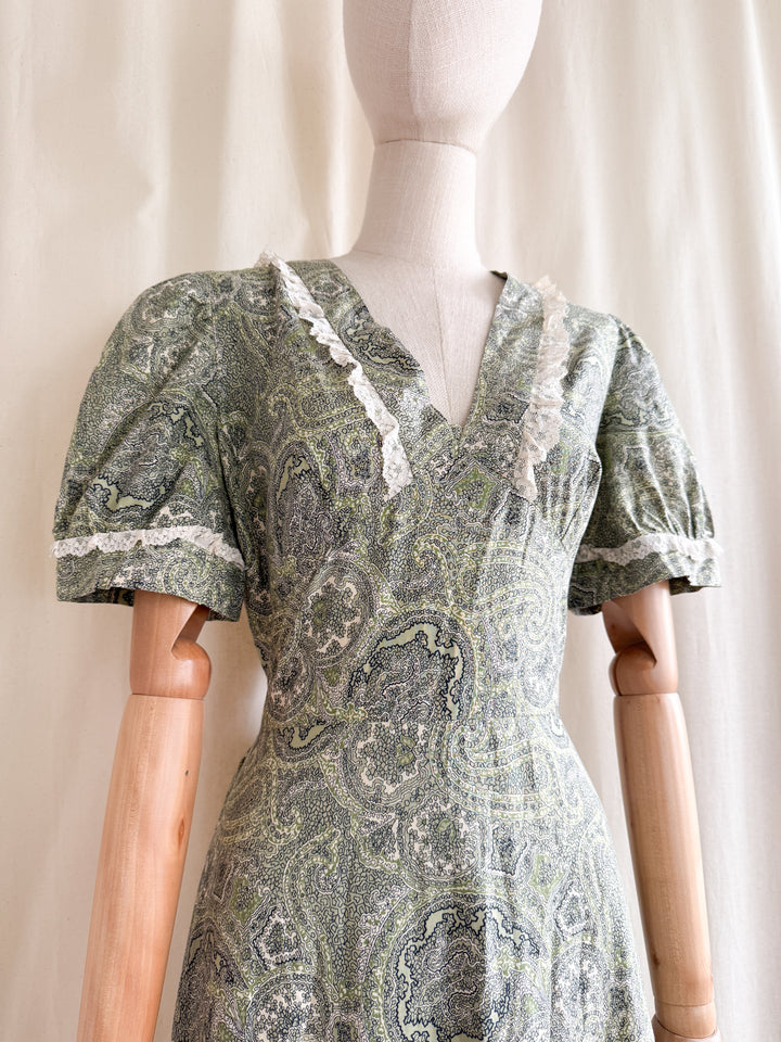 Stunning 70s Soft Green Paisley Print Cotton Maxi Dress