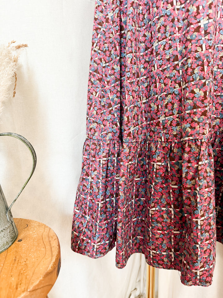 Adorable 70s Cotton Berry Hued Floral Maxi Dress