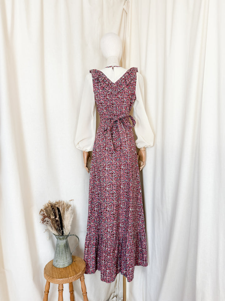 Adorable 70s Cotton Berry Hued Floral Maxi Dress