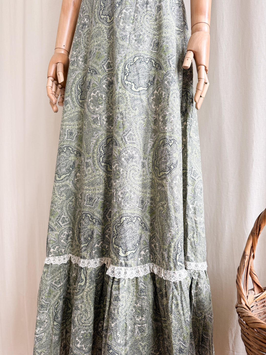 Stunning 70s Soft Green Paisley Print Cotton Maxi Dress
