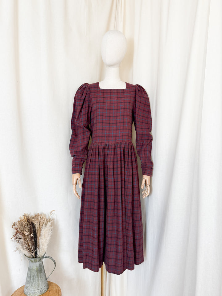 Stunning Rare Early 80s Laura Ashley Wool Blend Tartan Plaid Midi Dress
