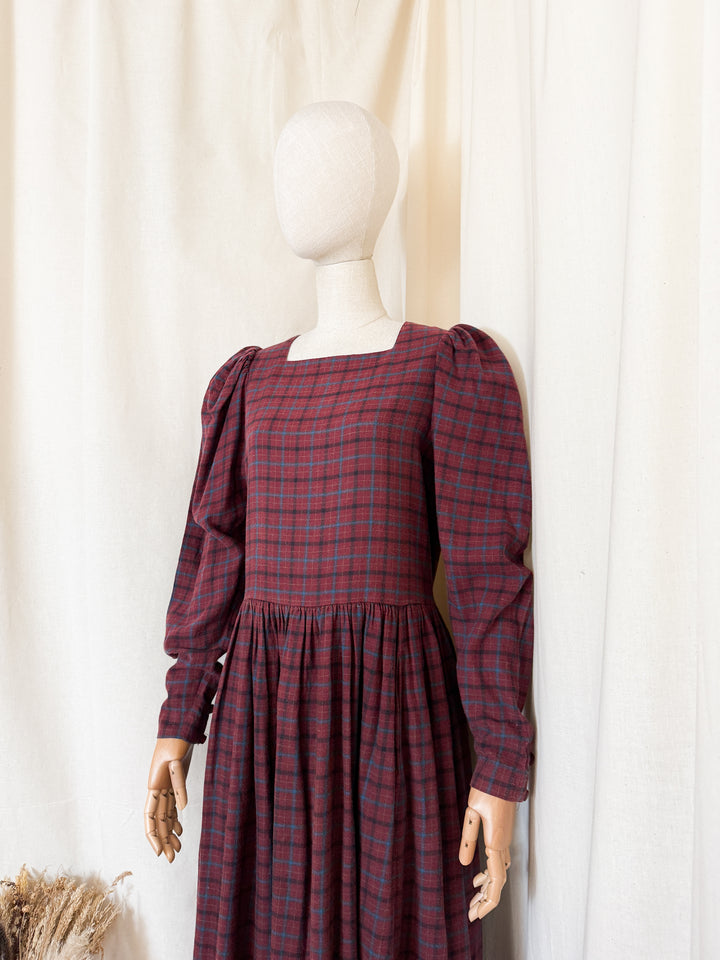 Stunning Rare Early 80s Laura Ashley Wool Blend Tartan Plaid Midi Dress