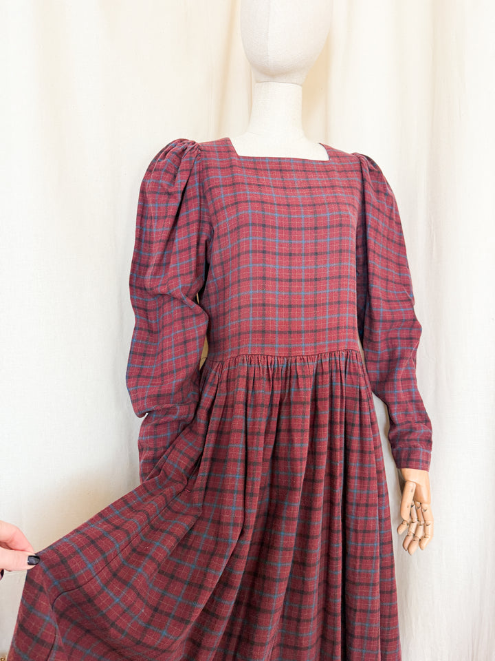 Stunning Rare Early 80s Laura Ashley Wool Blend Tartan Plaid Midi Dress