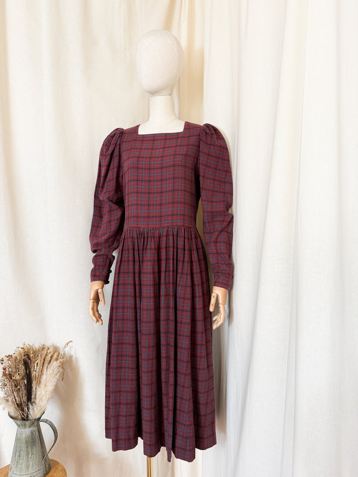 Stunning Rare Early 80s Laura Ashley Wool Blend Tartan Plaid Midi Dress