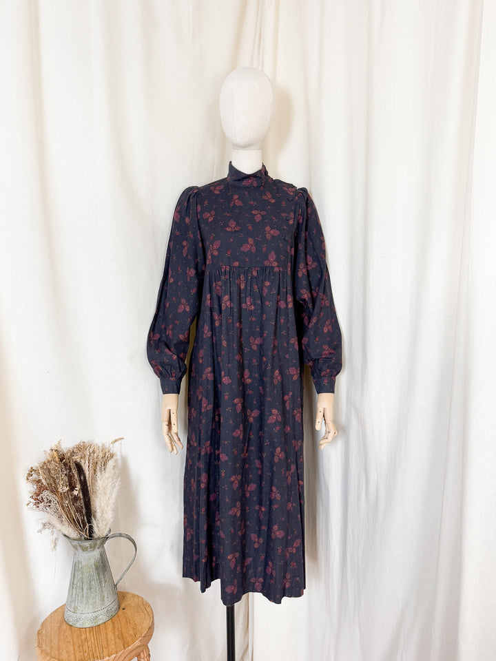 Gorgeous Rare 80s Dark Navy Laura Ashley Wool Smock Dress