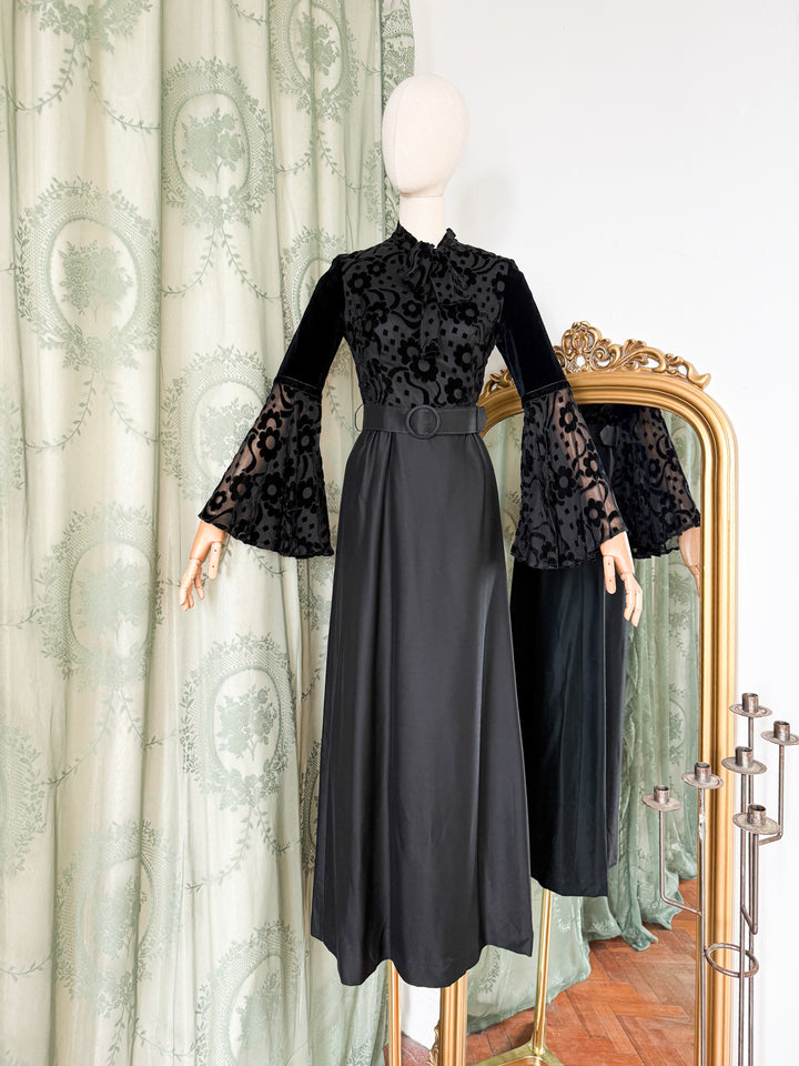 CURSE ~ INSANE RARE 1970S DEVORE SATIN BLACK MAXI DRESS
