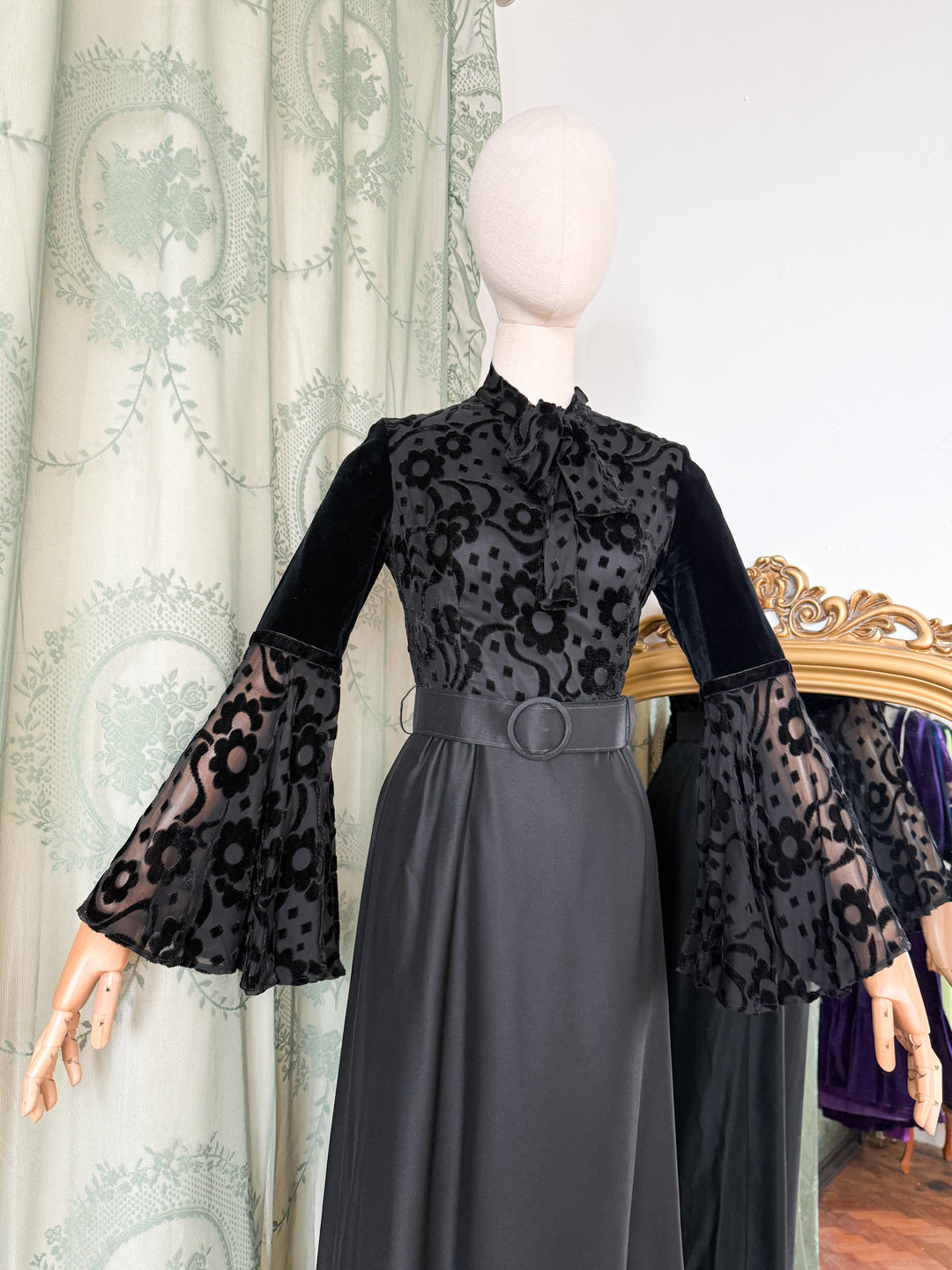 CURSE ~ INSANE RARE 1970S DEVORE SATIN BLACK MAXI DRESS