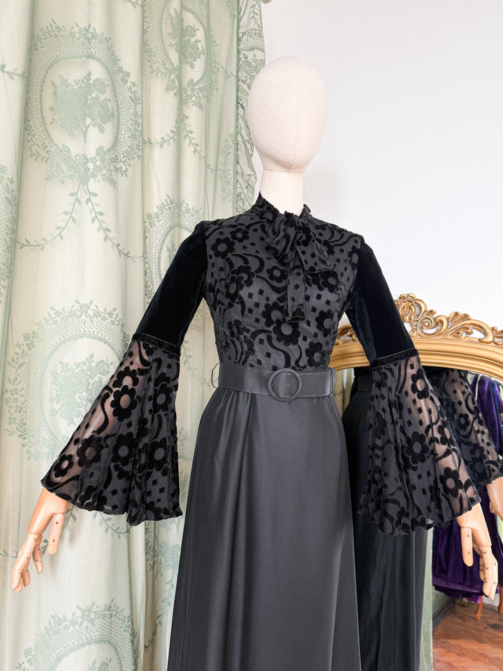 CURSE ~ INSANE RARE 1970S DEVORE SATIN BLACK MAXI DRESS