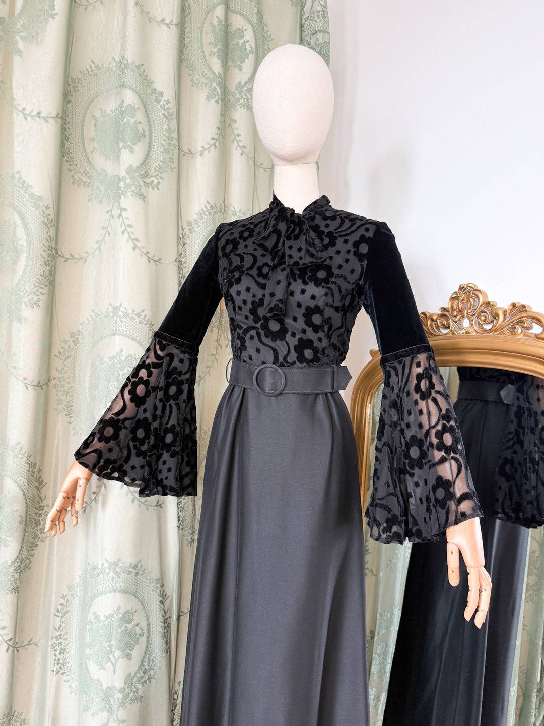 CURSE ~ INSANE RARE 1970S DEVORE SATIN BLACK MAXI DRESS