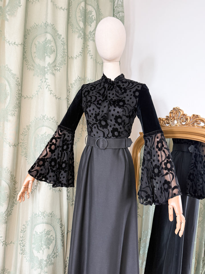 CURSE ~ INSANE RARE 1970S DEVORE SATIN BLACK MAXI DRESS