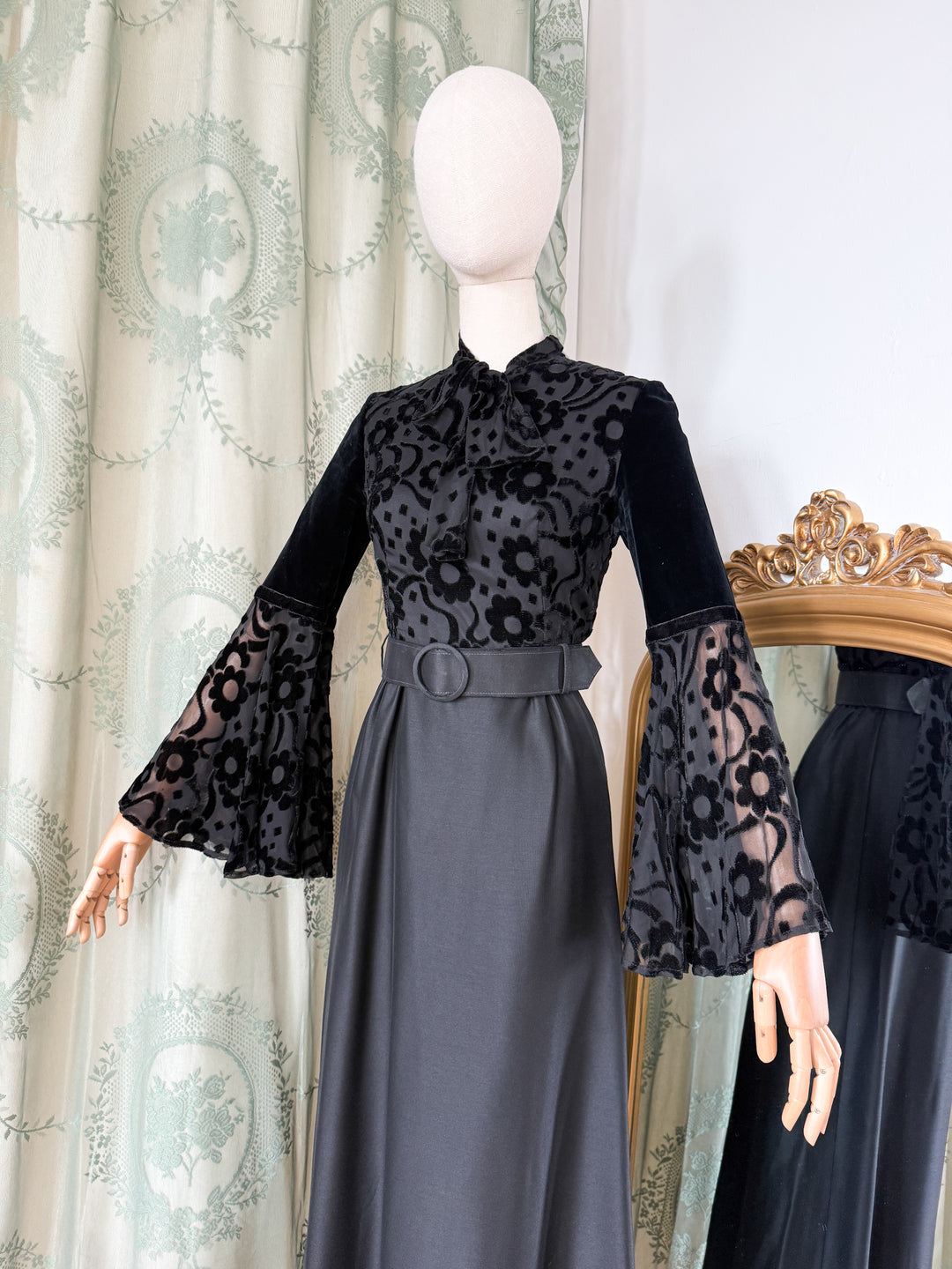 CURSE ~ INSANE RARE 1970S DEVORE SATIN BLACK MAXI DRESS