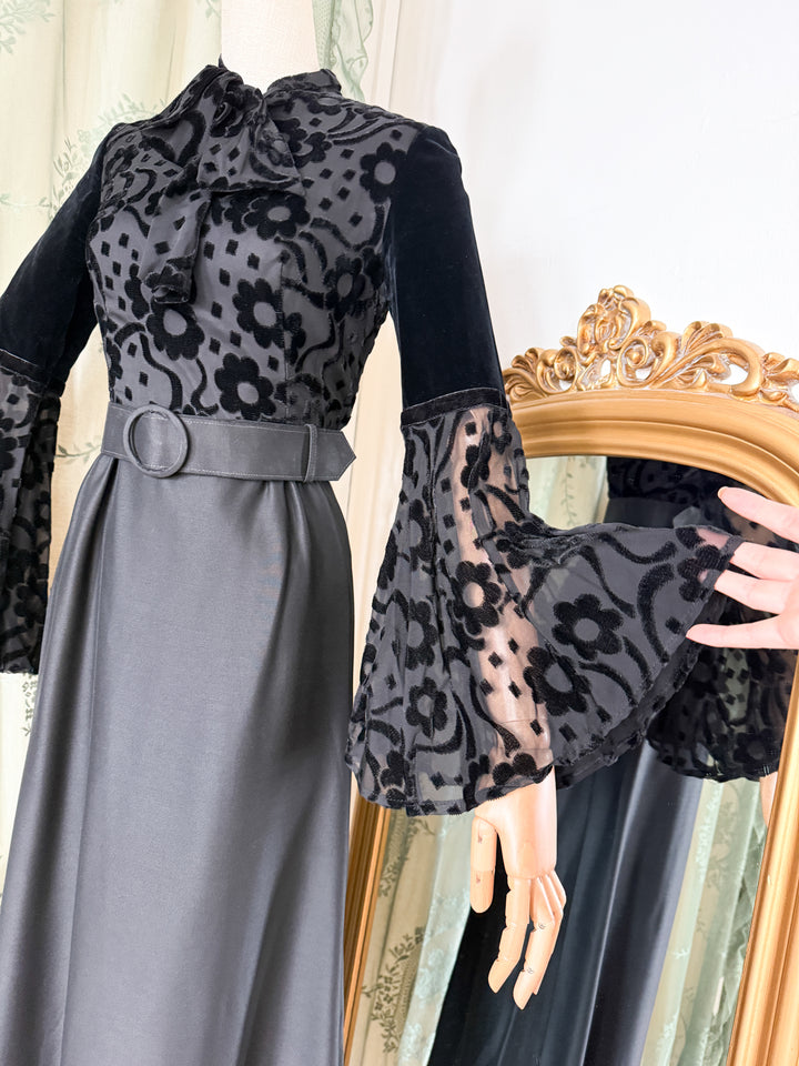 CURSE ~ INSANE RARE 1970S DEVORE SATIN BLACK MAXI DRESS