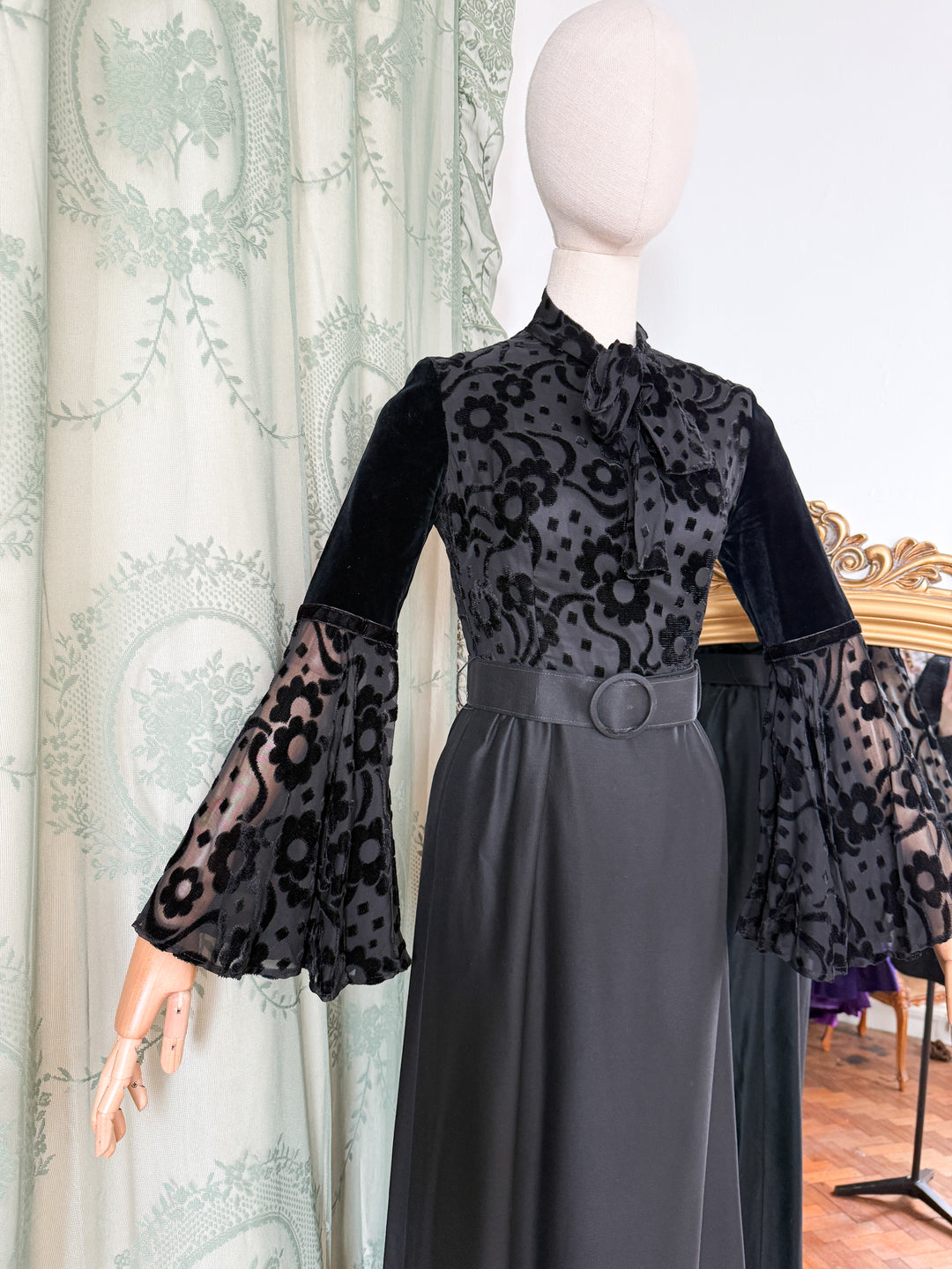 CURSE ~ INSANE RARE 1970S DEVORE SATIN BLACK MAXI DRESS
