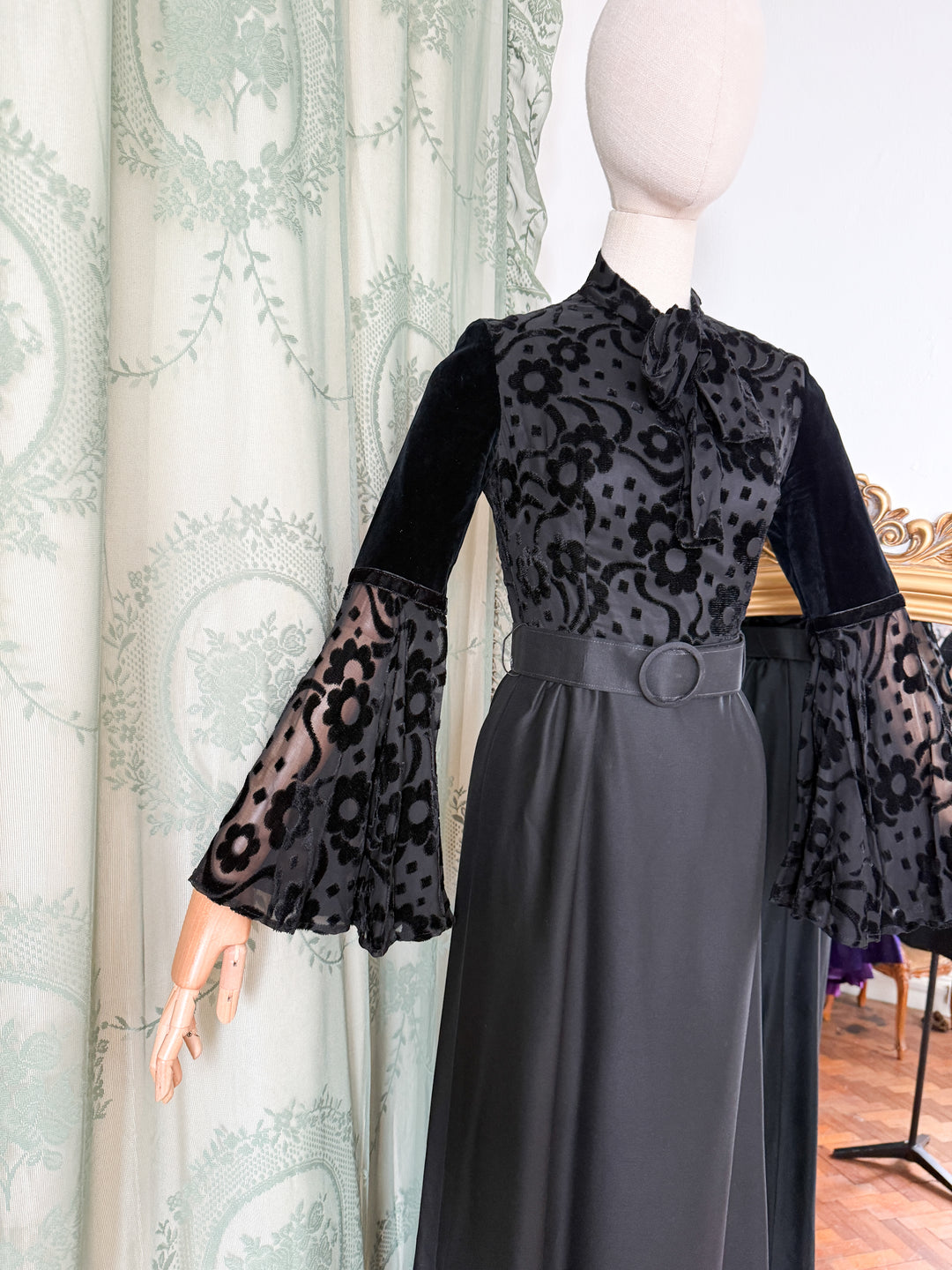 CURSE ~ INSANE RARE 1970S DEVORE SATIN BLACK MAXI DRESS