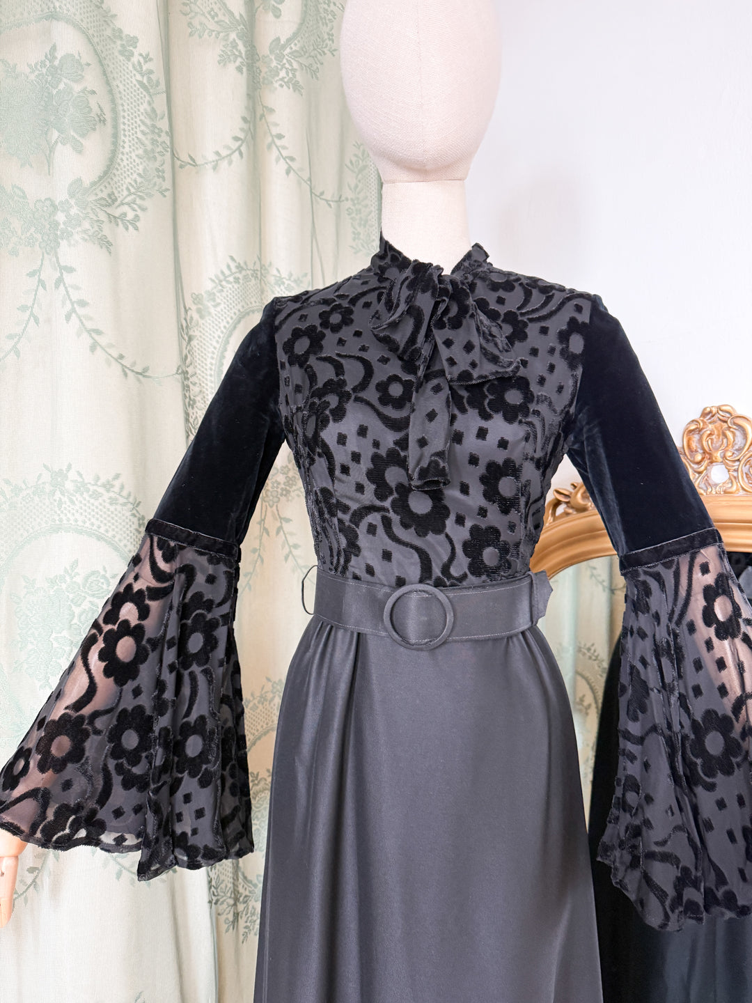 CURSE ~ INSANE RARE 1970S DEVORE SATIN BLACK MAXI DRESS