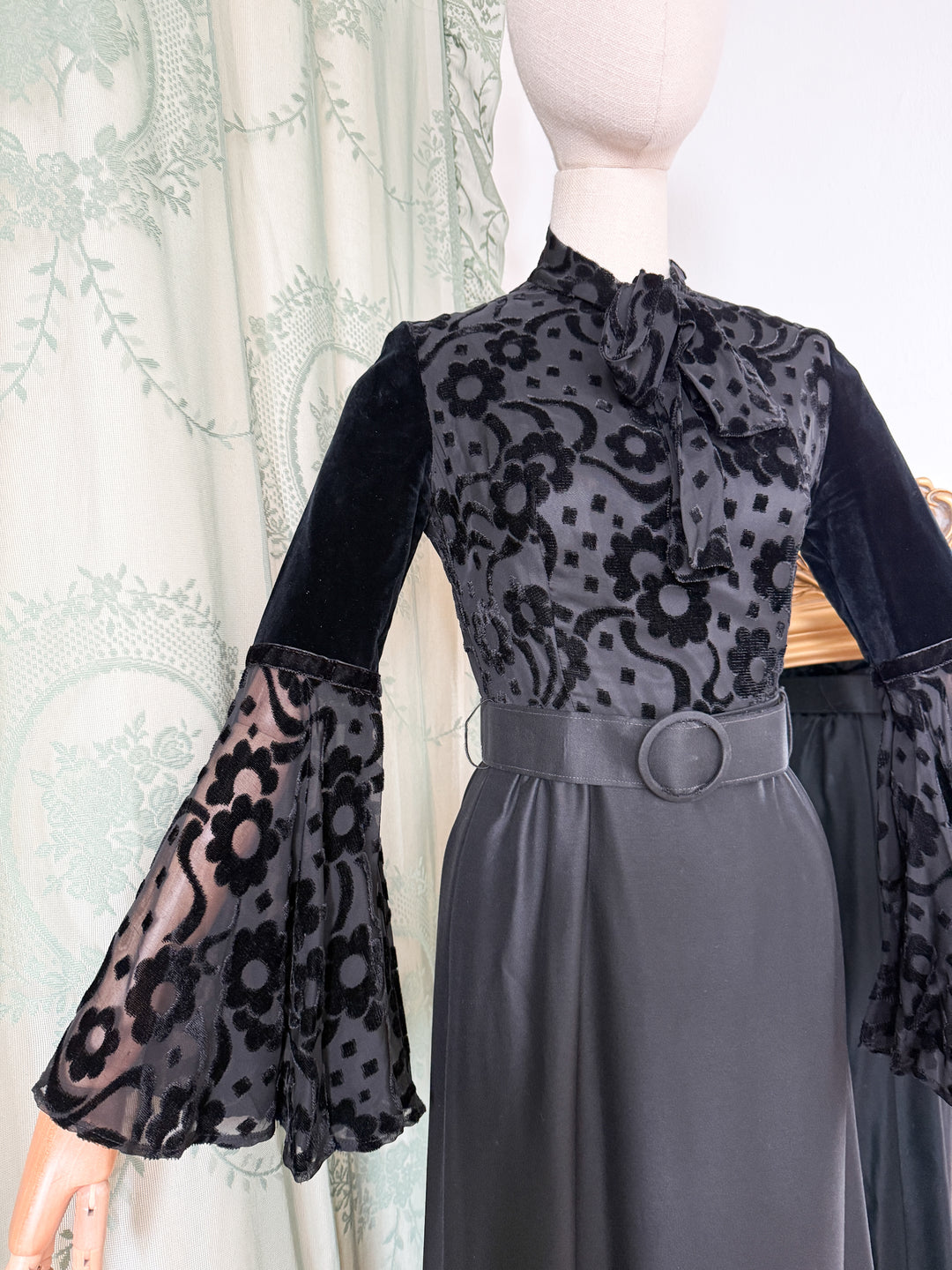 CURSE ~ INSANE RARE 1970S DEVORE SATIN BLACK MAXI DRESS