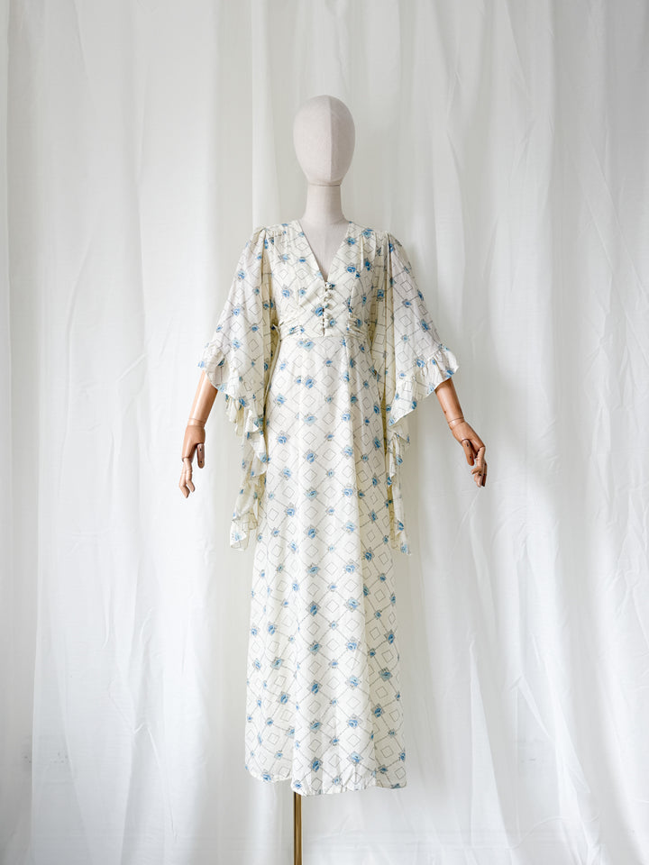 Heavenly Rare 1970s Angel Sleeve Cotton Maxi Dress