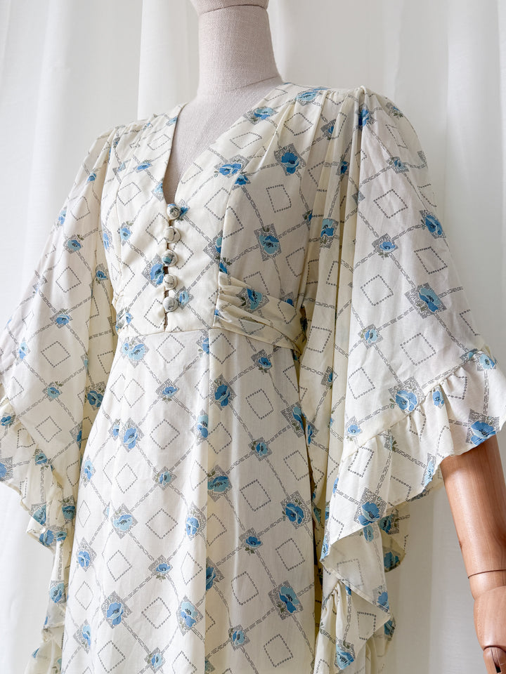 Heavenly Rare 1970s Angel Sleeve Cotton Maxi Dress