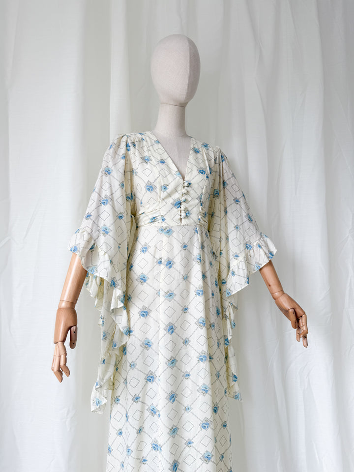 Heavenly Rare 1970s Angel Sleeve Cotton Maxi Dress