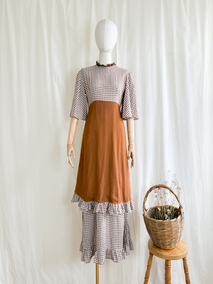 Stunning 70s Handmade Layered Cotton and Crepe Brown Gingham Maxi Dress