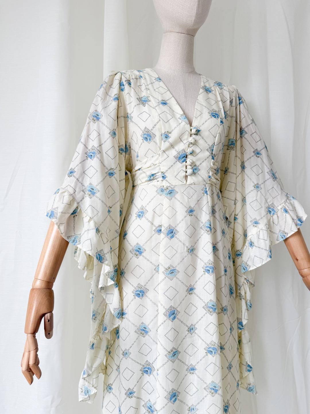 Heavenly Rare 1970s Angel Sleeve Cotton Maxi Dress