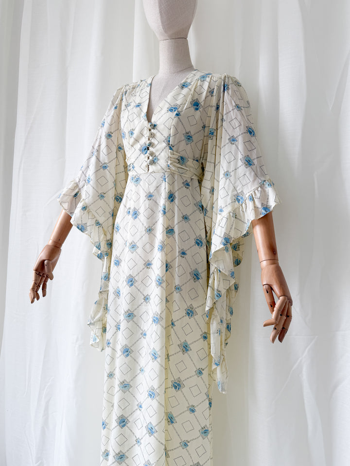 Heavenly Rare 1970s Angel Sleeve Cotton Maxi Dress
