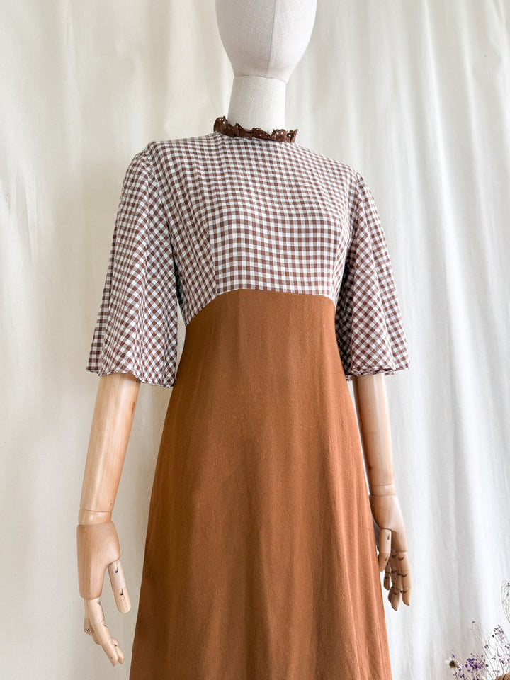 Stunning 70s Handmade Layered Cotton and Crepe Brown Gingham Maxi Dress