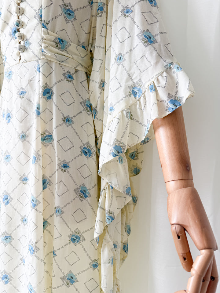 Heavenly Rare 1970s Angel Sleeve Cotton Maxi Dress