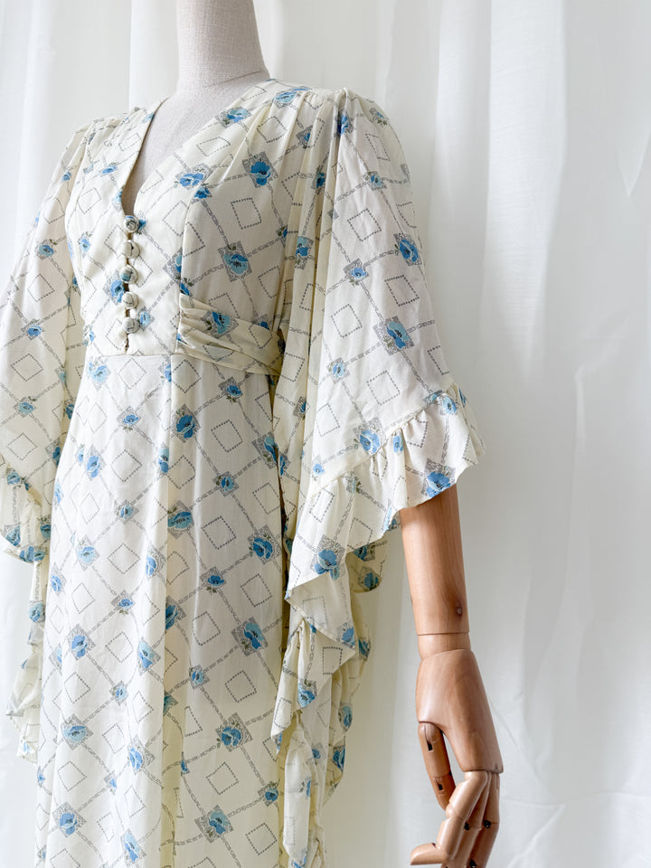 Heavenly Rare 1970s Angel Sleeve Cotton Maxi Dress