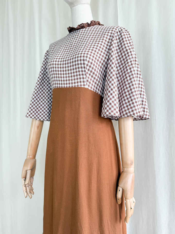 Stunning 70s Handmade Layered Cotton and Crepe Brown Gingham Maxi Dress