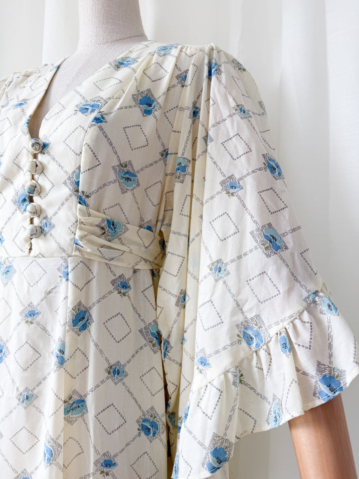 Heavenly Rare 1970s Angel Sleeve Cotton Maxi Dress