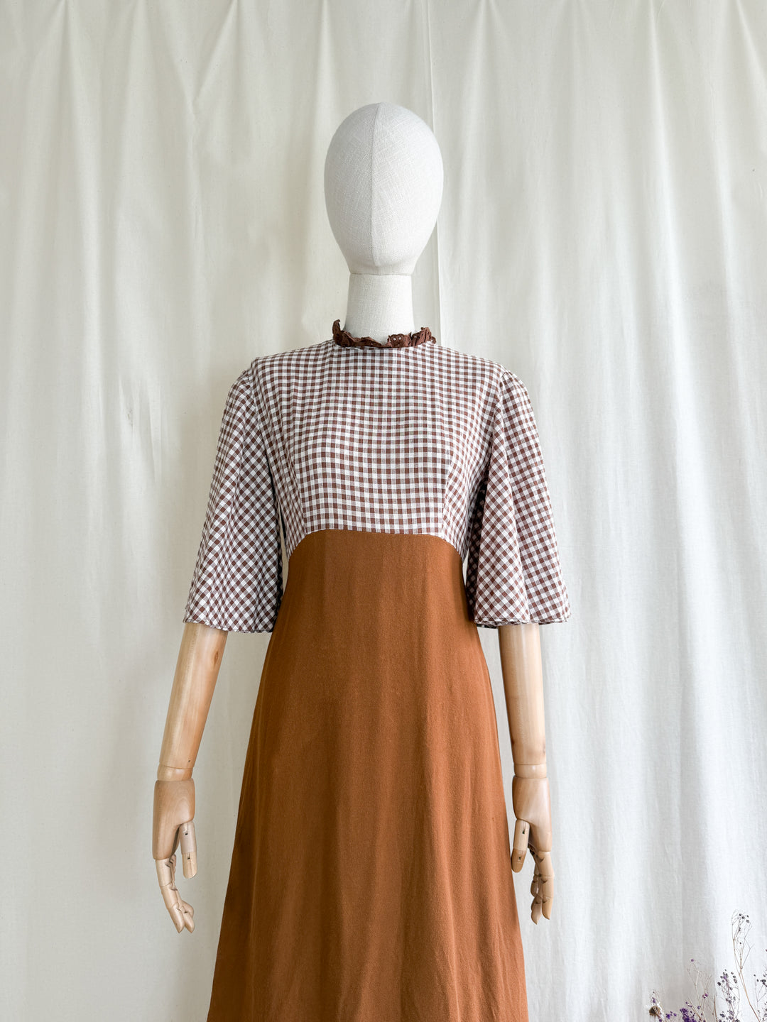Stunning 70s Handmade Layered Cotton and Crepe Brown Gingham Maxi Dress