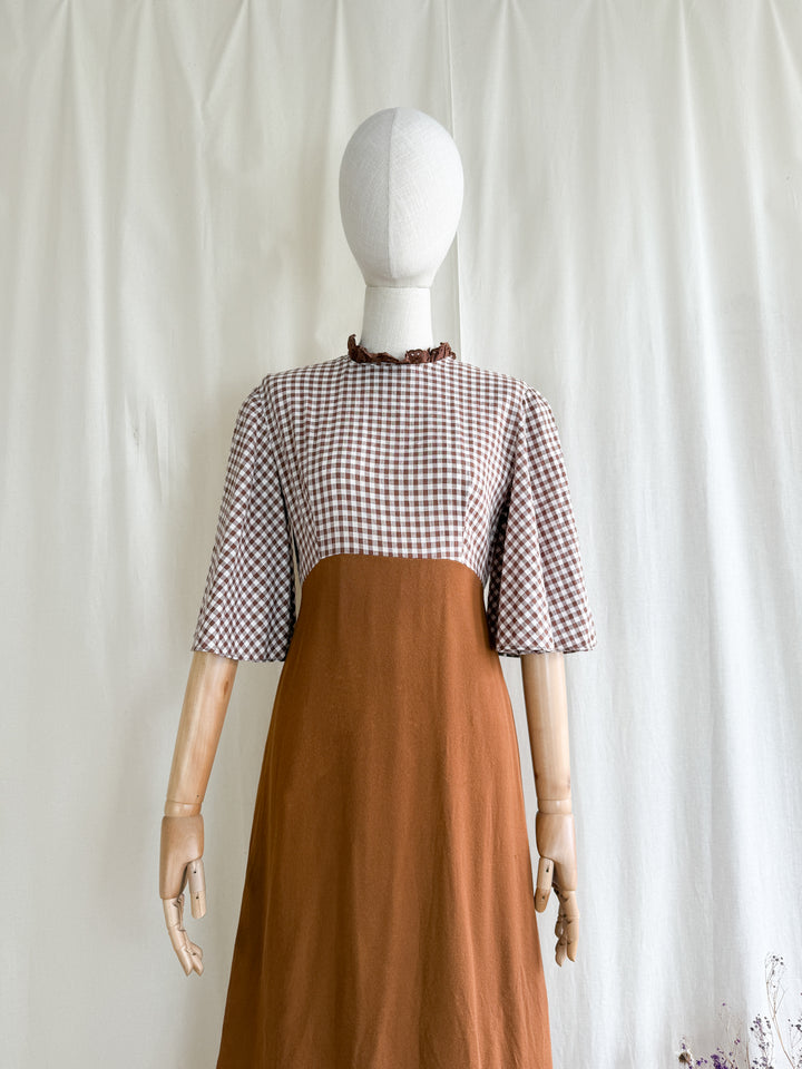 Stunning 70s Handmade Layered Cotton and Crepe Brown Gingham Maxi Dress