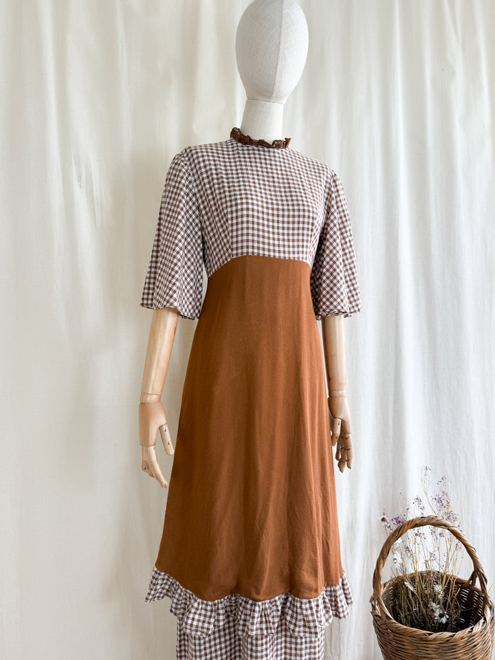 Stunning 70s Handmade Layered Cotton and Crepe Brown Gingham Maxi Dress