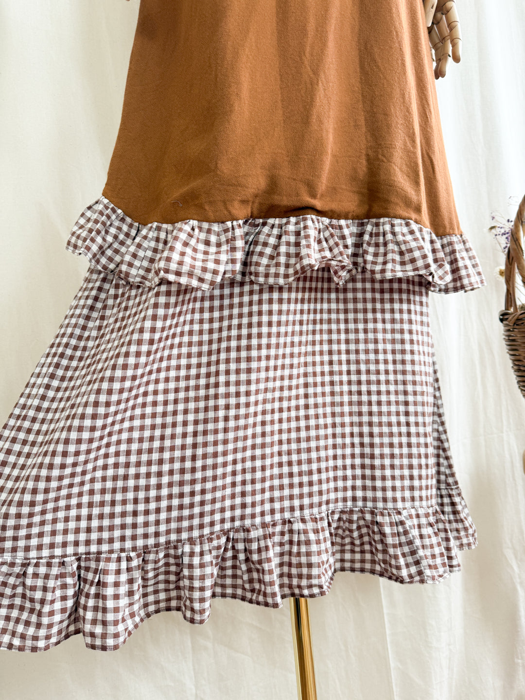 Stunning 70s Handmade Layered Cotton and Crepe Brown Gingham Maxi Dress