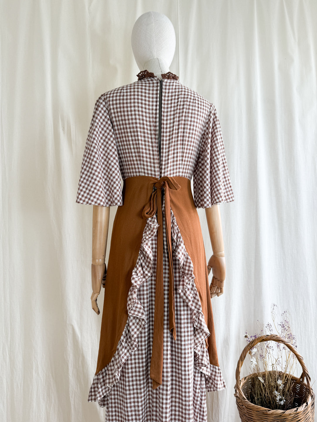 Stunning 70s Handmade Layered Cotton and Crepe Brown Gingham Maxi Dress