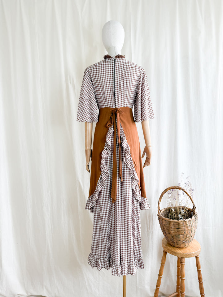 Stunning 70s Handmade Layered Cotton and Crepe Brown Gingham Maxi Dress
