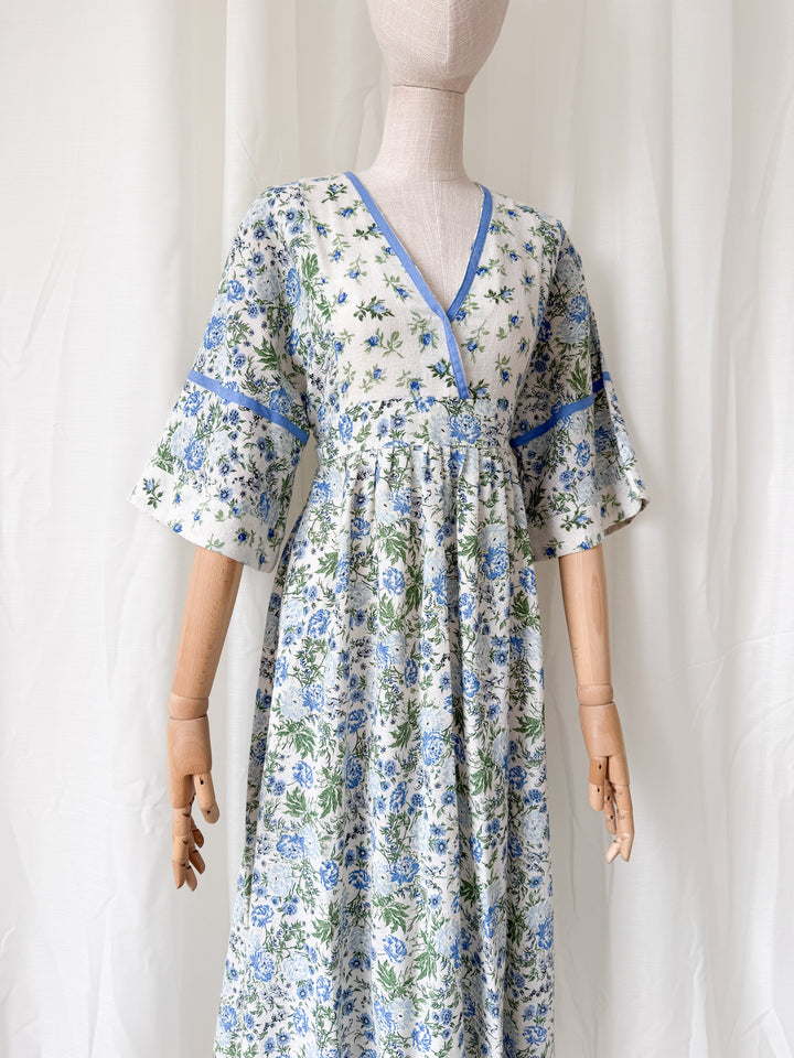 Incredible 1970s Bohemian Raw Cotton Floral Midaxi Dress