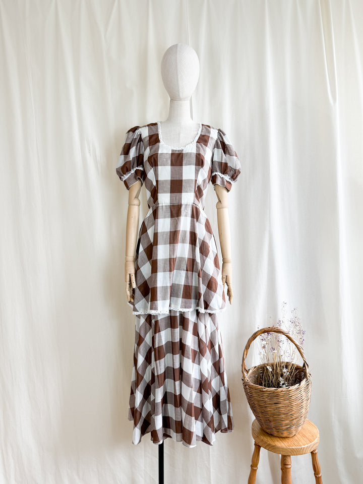 Insane 70s Cotton Brown Buffalo Check Gingham Maxi Dress by California