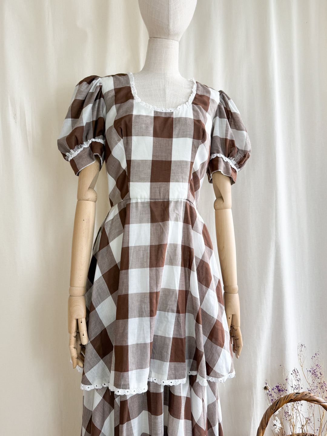 Insane 70s Cotton Brown Buffalo Check Gingham Maxi Dress by California