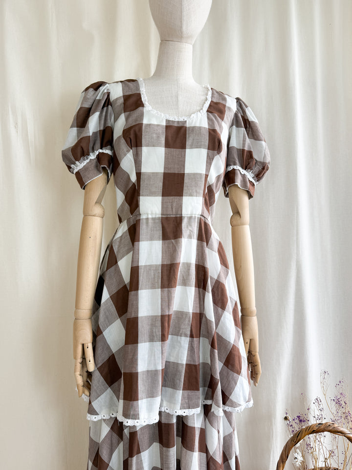 Insane 70s Cotton Brown Buffalo Check Gingham Maxi Dress by California