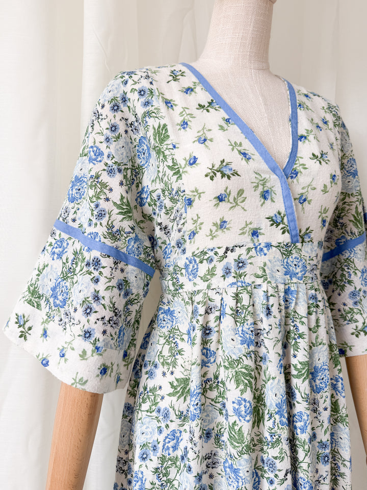 Incredible 1970s Bohemian Raw Cotton Floral Midaxi Dress