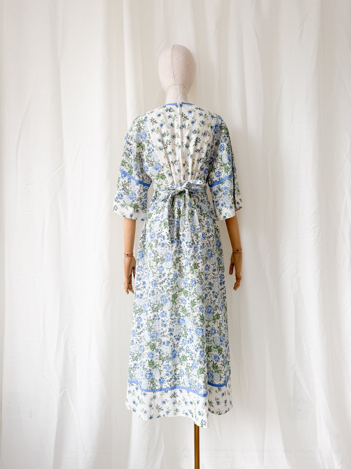 Incredible 1970s Bohemian Raw Cotton Floral Midaxi Dress
