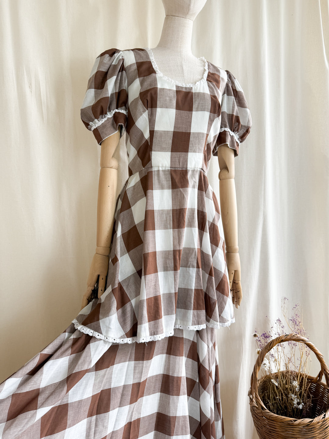 Insane 70s Cotton Brown Buffalo Check Gingham Maxi Dress by California