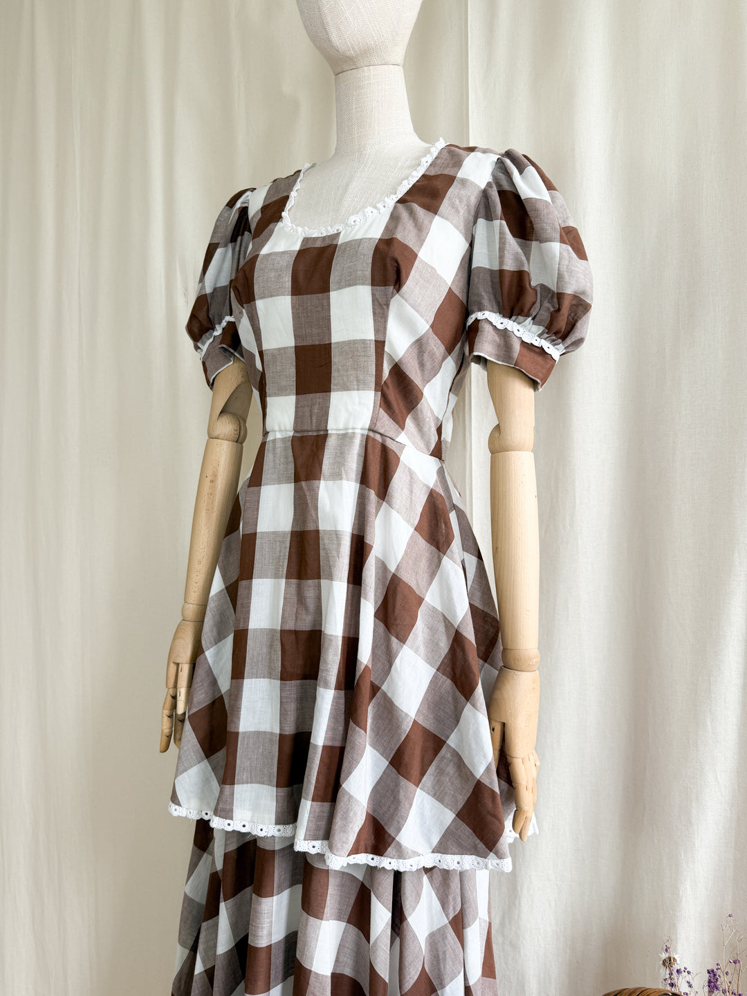 Insane 70s Cotton Brown Buffalo Check Gingham Maxi Dress by California