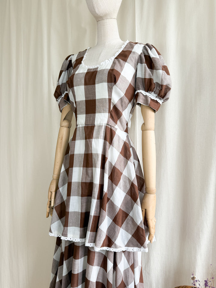 Insane 70s Cotton Brown Buffalo Check Gingham Maxi Dress by California